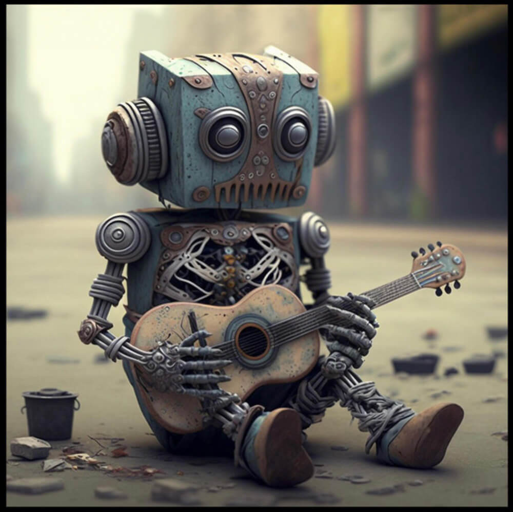 Robot sitting and playing a guitar