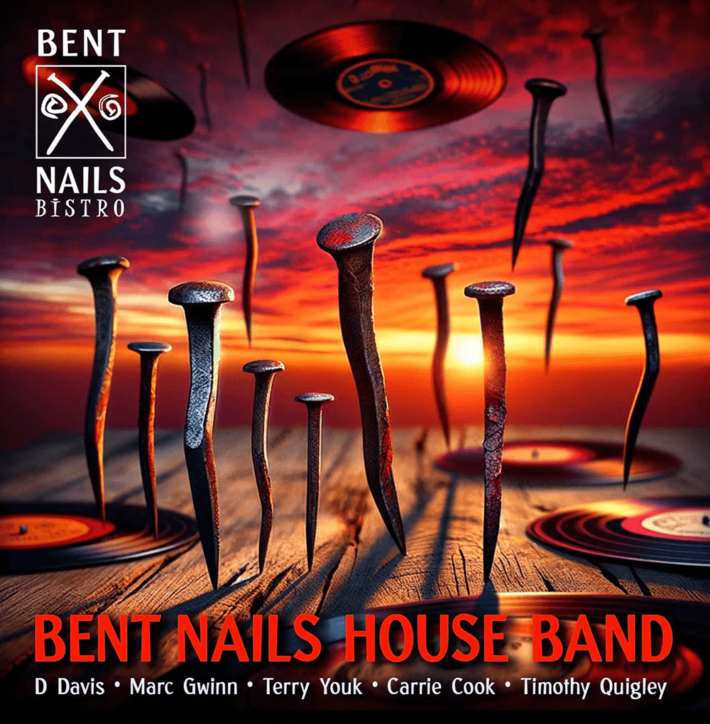 Bent Nails House Band poster with antique nails and records