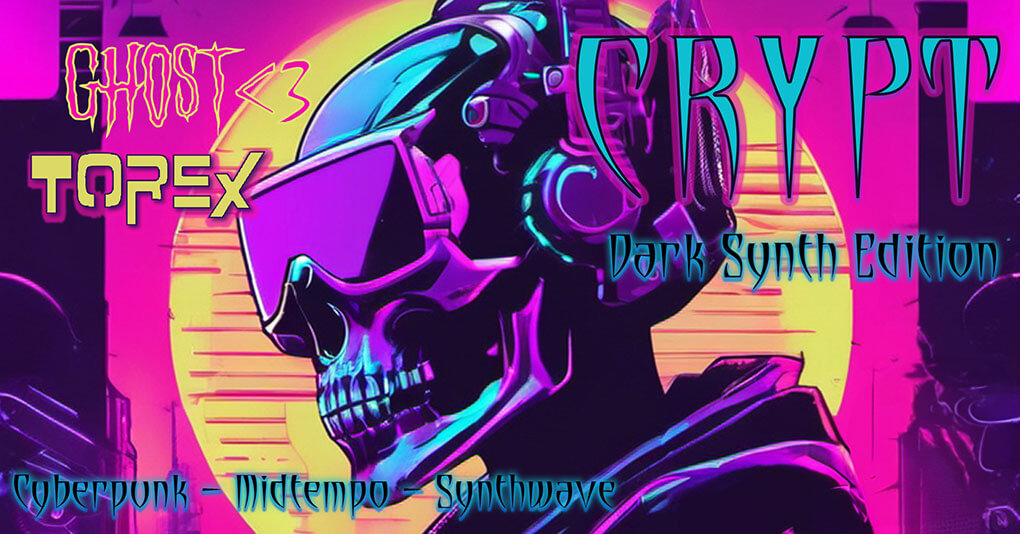 Crypt poster of skull wearing glasses and headphones