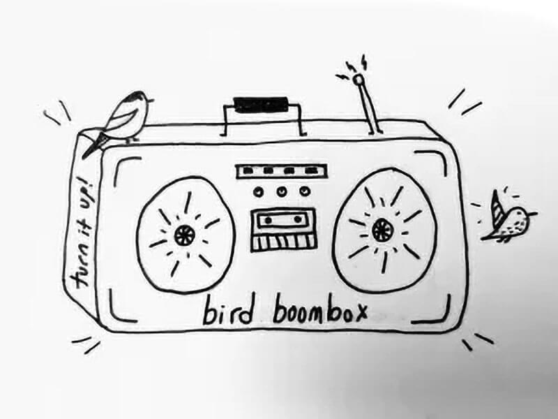 Hand drawing of a boombox with a bird sitting on it