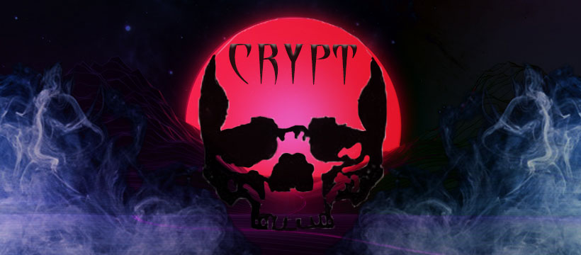 Crypt logo hovering over a skull image