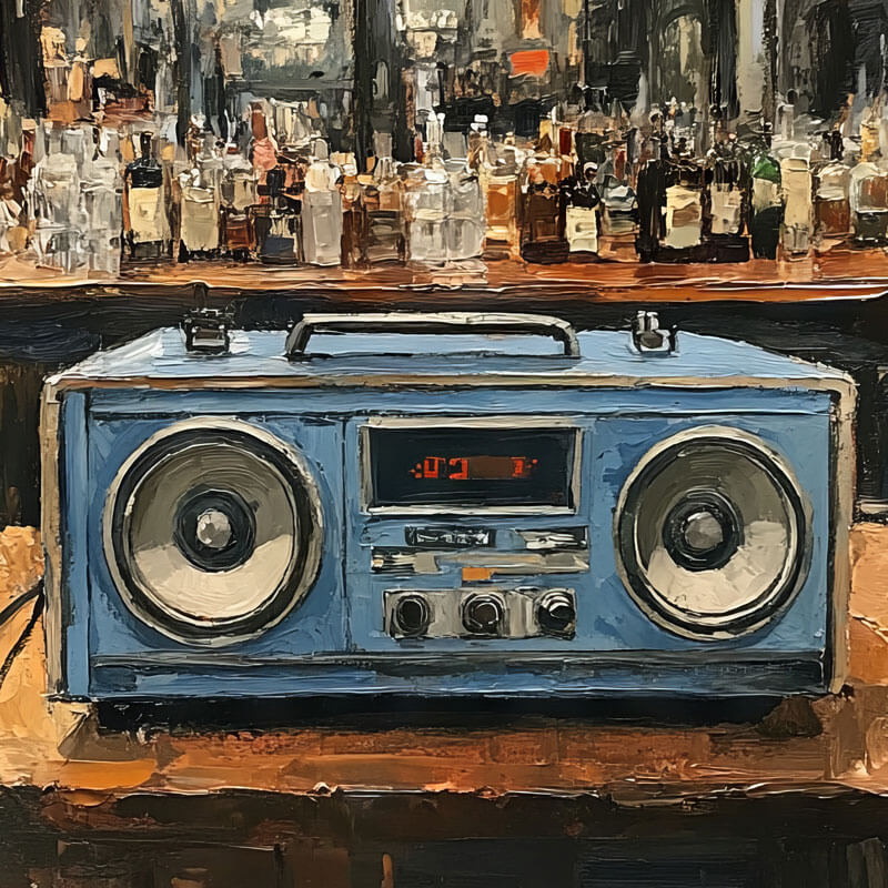 A blue boombox sitting on a bar